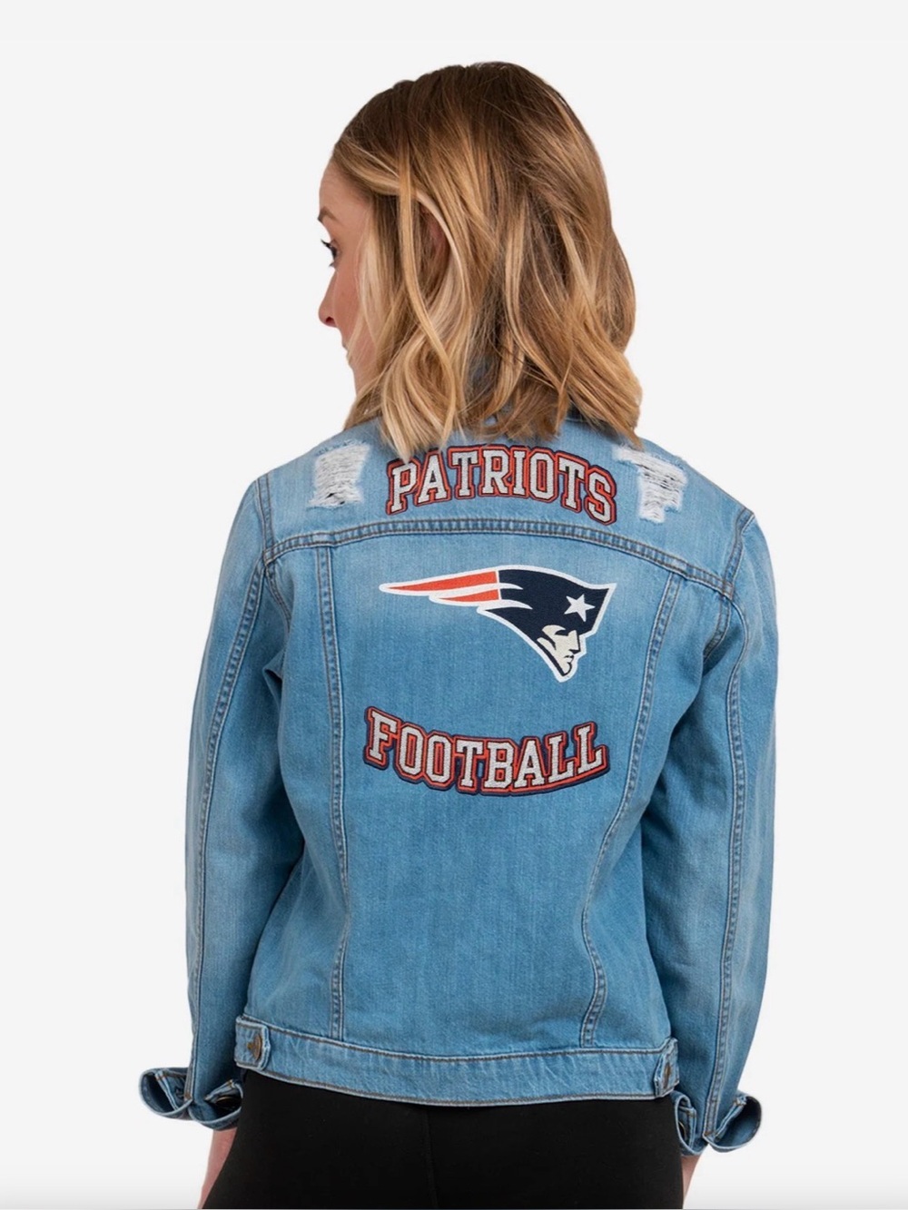 New England Patriots Women’s Distressed Denim Logo Jacket NFL Apparel Size Small